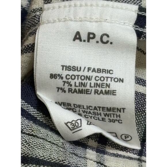 A.P.C. Cotton Linen Plaid Shirt Navy Green Cream Small - Picture 4 of 8